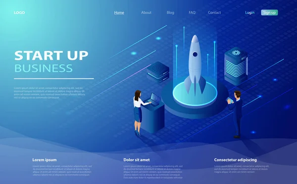 Concepto de tecnología de arranque con nave espacial. Proceso de puesta en marcha del proyecto empresarial, idea a través de estrategia de planificación. Plantilla de landing page. Concepto isométrico Inicie su proyecto para el sitio web . — Vector de stock