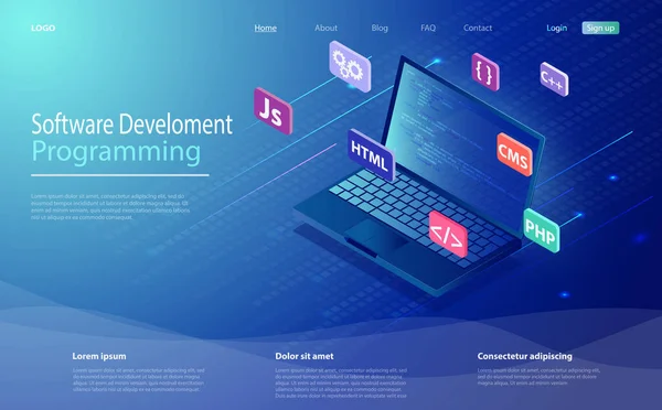 Programmation, logiciel, concept de développement web icône isométrique, ordinateur portable avec code de programme à l'écran. Langage de programmation et code de programmation sur ordinateur portable à l'écran. Concept de page de débarquement . — Image vectorielle