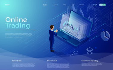 Evdeki izometrik kompozisyonda dizüstü bilgisayar, iş adamı, tablet ve vektör ile online borsa alışverişi. Dijital para piyasası, yatırım, finans ticareti. Isometric konsept hisse senedi alım-satımı ve alım-satımı