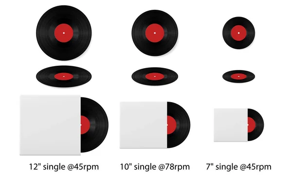 Les disques vinyles rétro enregistrent des singles de différentes tailles. Disque de vinyle réaliste avec couverture Mockup. Disque vinyle avec couvercle blanc isolé sur fond blanc . — Image vectorielle