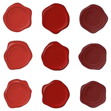 Beyaz arka planda gerçekçi balmumu mühürler. Farklı şekil ve renklerde gerçekçi boş balmumu mühürler. Eski posta pulları için eski ve eski mühür mühürleri