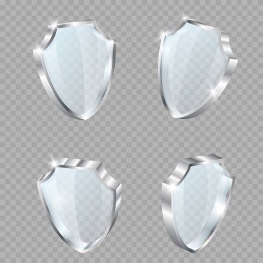 Cam kalkan gerçekçi vektör çizimleri. Cam kalkanlar. Farklı perspektifler altında cam şeffaf kalkanlar..