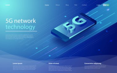 5G ağ kablosuz teknolojisi. Büyük harfli, ileri teknolojili, hayali bir akıllı telefon. Kablosuz teknoloji 5G için iniş sayfası tasarımı. Yüksek hızlı bağlantılı 5g ağ kablosuz.