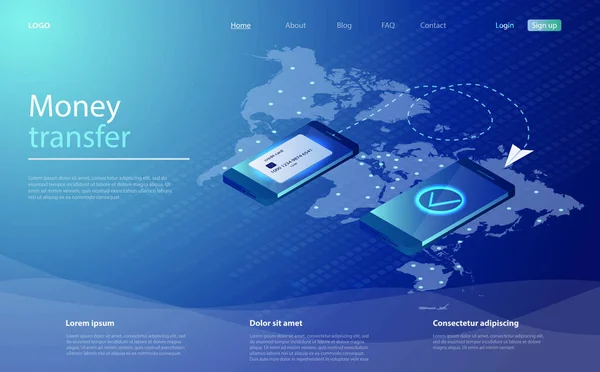 Mobil alkalmazás a pénz átutalására. Két okostelefon hitelkártyával a világtérképen háttér. Globális fizetési rendszer. Online pénzátutalás. Pénzátutalás hitelkártyáról mobilalkalmazásra. — Stock Vector