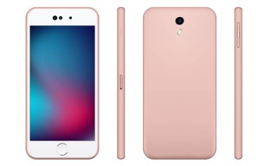 Modern akıllı telefon görüntüsü ön, arka, sağ ve soldan. Beyaz arka planda gerçekçi bir akıllı telefon modeli. 3D gerçekçi telefonlar, şablon. Cep telefonları beyaz arkaplanda izole edildi