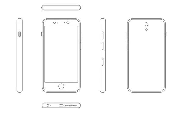 Vista de contorno de teléfono inteligente moderno desde cuatro lados delantero, trasero, derecho e izquierdo. Esquema de Smartphone maqueta de diseño de vectores plantilla. Icono de contorno del teléfono celular. Conjunto de teléfonos móviles Vector — Vector de stock