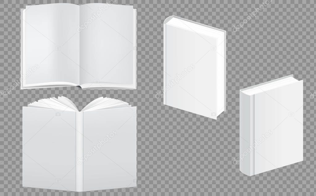 Set of blank book cover template. Closed and open vertical book, magazine or notebook mockup. Blank vertical book cover template with pages. Magazine, brochure, notebook, booklet note cover.