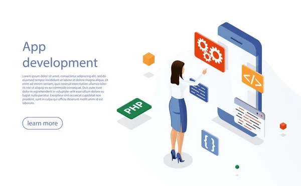 Jeune femme se tient devant un smartphone moderne et développe une application pour les appareils mobiles. Concept de développement d'applications. Développement et logiciels. Concept de programmation, traitement des données — Image vectorielle