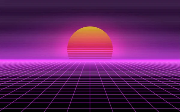 Fundo retro paisagem futurista estilo 1980. Rede de perspectiva vetorial. Sci-fi dos anos 80 ou estilo de jogo. Fundo de néon retrô com grade laser estilo 80 . — Vetor de Stock