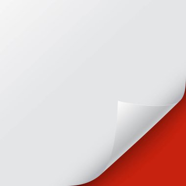 Kırmızı arka planı olan kıvrımlı beyaz kağıt köşe. Gölgeli kıvrımlı sayfa köşesi. Boş bir kağıt üzerinde gölgesi olan sayfa kıvrımı, reklam ve tanıtım mesajı için tasarım ögesi.