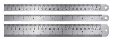 Realistic metal ruler. Vector markup for 10 inches and 25 centimeters rulers. Realistic metal ruler measuring tool. Metric precision double-sided measuring instrument clipart