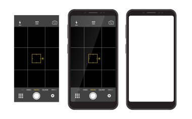 Kamera uygulamalı modern akıllı telefon. Kamera görüntüleyicisinin kullanıcı arayüzü. Kamera görüntüsü odaklı cep telefonları, fotoğraf. Sosyal ağ için fotoğraf çekimi