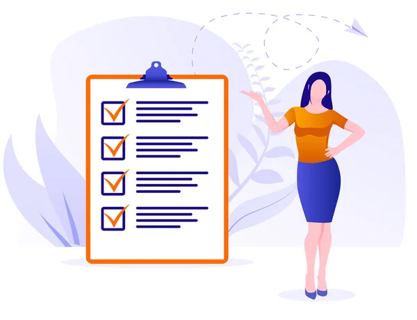 Businesswoman checklist concept. Business woman nearby marked checklist on a clipboard paper. Successful woman checking task success, completed business tasks. Check mark list.