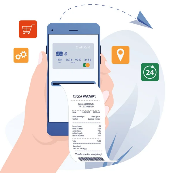 Paiement de facture en ligne. Services bancaires en ligne, reçu de facture électronique par Internet, opération d'argent de protection, banque mobile. Concept de paiement de facture de paiement mobile, shopping, banque. Facture électronique — Image vectorielle