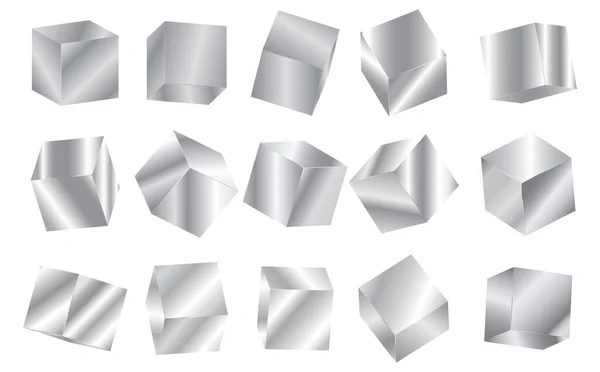 Forma geometrica 3D quadrata realistica, cubi metallici argentati. Cubo di metallo su sfondo bianco. Quadrato d'argento vuoto. Figure di cubo gradiente d'argento — Vettoriale Stock