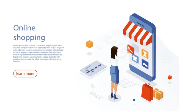 Shopping online e-commerce 24 ore servizio di assistenza clienti. Donna negozio online utilizzando smartphone. E-shop, concetto di shopping con carattere. Mobile marketing e-commerce. Negozio online, icona dell'e-commerce — Vettoriale Stock