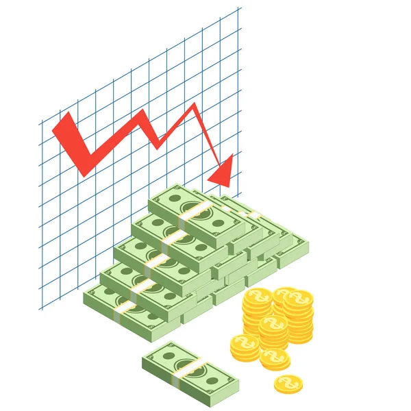 Money loss vector illustration cash with down arrow stocks graph. Bad finance graph. Financial crisis, investment expenses, economic depression bankruptcy business. Cash loss graph — 스톡 벡터