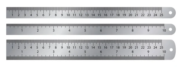 Реалистичная металлическая линейка. Векторная разметка для 10 дюймов и 25 сантиметров линейки. Реалистичный инструмент измерения металлической линейки. Двусторонний измерительный прибор с метрической точностью — стоковый вектор