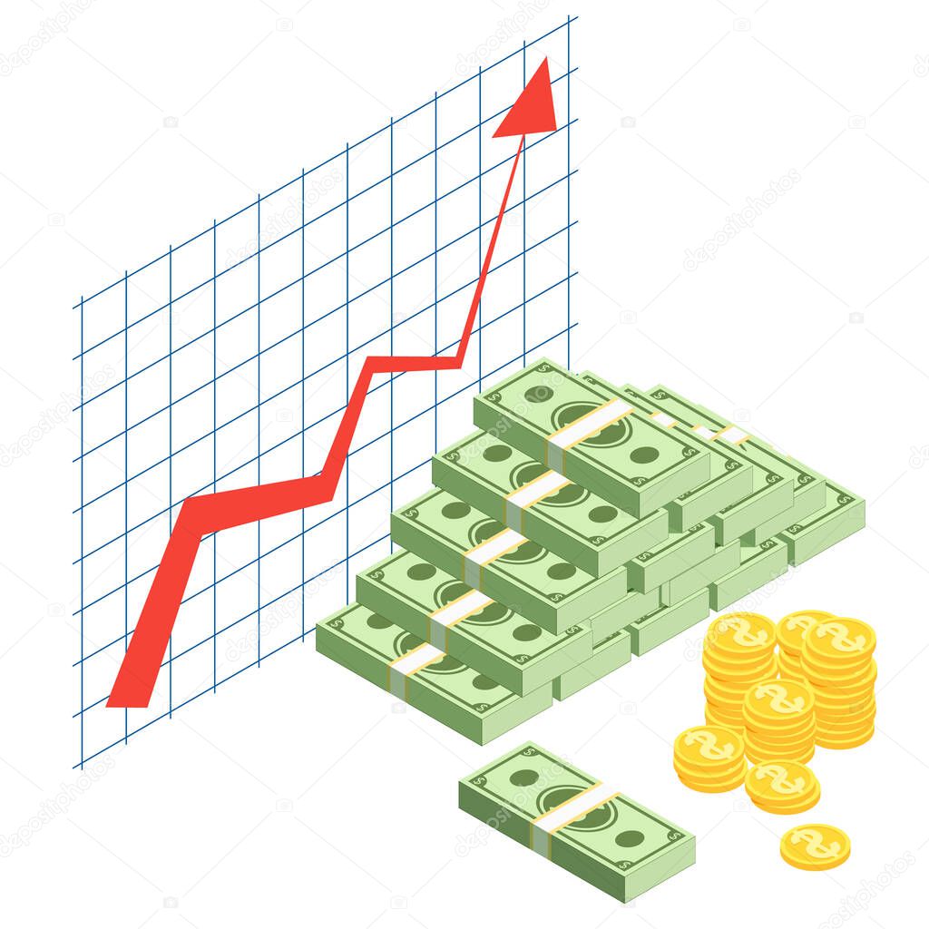 Growing cash graph. Finance literacy isometric concept. Bank development economics strategy. Cash with red rising graph with upward arrow concept of business success, financial growth diagram.