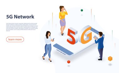 5g ağ teknolojisi, izometrik konsept vektör çizimi. Web sitesi iniş şablonu. Büyük harfli Itric akıllı telefon. 5 G ve küçük insanlar. 5G ağ kablosuz teknolojisi