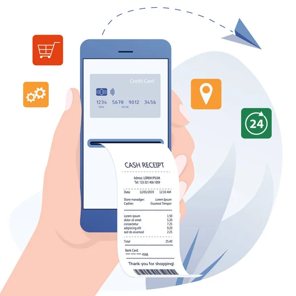 Σε απευθείας σύνδεση πληρωμή λογαριασμού. Online τραπεζικές υπηρεσίες, ηλεκτρονική απόδειξη λογαριασμού στο διαδίκτυο, συναλλαγή χρημάτων προστασίας, κινητή τράπεζα. Χρεώσεις πληρωμής έννοια της κινητής πληρωμής, shoping, τραπεζικές. Ηλεκτρονικό τιμολόγιο — Διανυσματικό Αρχείο