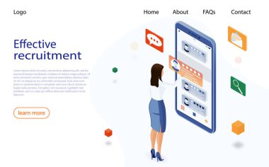 Isometric işe alma ve adam alma konsepti. İş kaynakları, iş kadını işveren karakteri. Web sayfası için işe alma ve adam alma kavramı.