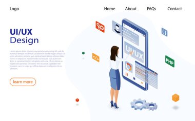 UI UX Tasarım Vektörü İllüstrasyon Konsepti. Akıllı telefon ve kadın UX UI tasarım konsepti. Web geliştirme, uygulama tasarımı, kodlama ve programlama. Karakterli UI UX tasarım kavramı