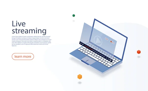Concept de streaming. Ordinateur portable isométrique et icône de flux vidéo en direct. Conception isométrique des médias de streaming vidéo, lecteur vidéo. Ordinateur portable pour se connecter à la vidéo en direct sur le réseau social . — Image vectorielle