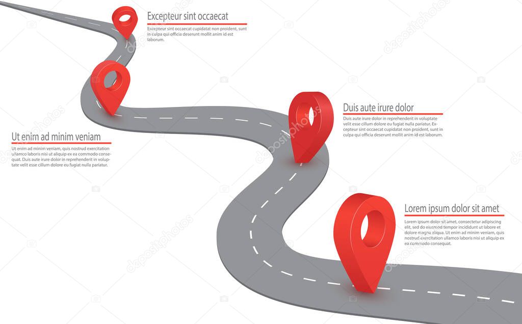 Highway road infographic. Highway road with GPS sign on it. Vector Infographic with a tortuous road. Gps navigate blank asphalt highways marker sign 3d vector concept.