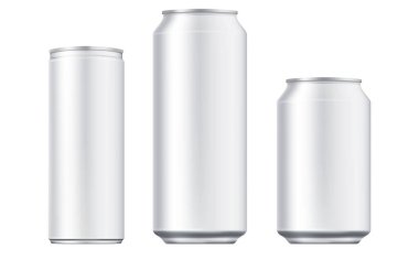 Vektör alüminyum bira ve ince soda boş şablon oluşturabilir. Meyve suyu, soda, boş bira kavanozu beyaz arka planda izole edilmiş. Tasarım için alüminyum kutu. Gerçekçi alüminyum kutular.
