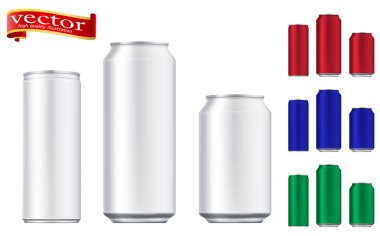 Vektör alüminyum bira ve ince soda boş şablon oluşturabilir. Meyve suyu, soda, boş bira kavanozu. Tasarım için alüminyum kutu. Gerçekçi alüminyum kutular. Renk değiştirmek kolay.