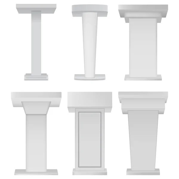 White Podium Tribune Rostrum Stands on white background. Blank podium tribune debate or stage stand empty template mockup set for business presentation, conference. — Stock Vector