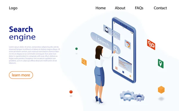 Kvinna använder en smartphone för att söka information på Internet. Sökmotoroptimering för företag. Isometrisk vektor koncept webbanalys, SEO, webbplats optimering marknadsföring. SEO-koncept. — Stock vektor