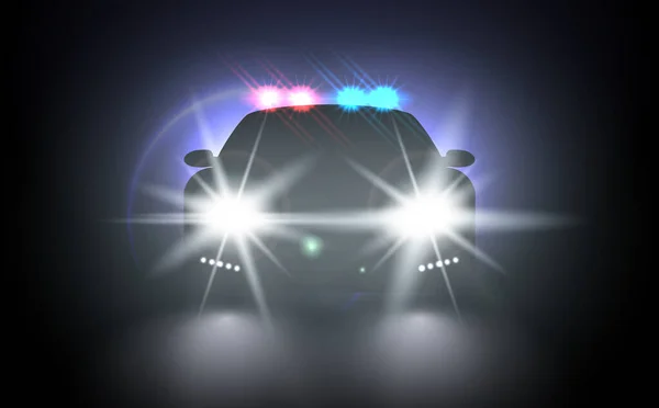 Police car with flashing light realistic composition night urban scenery stylish automobile silhouette with headlights. Flash red and blue light police car. Bright special red blue police light beams. — Stock Vector