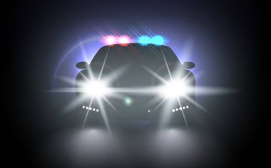Yanıp sönen gerçekçi kompozisyonu olan polis arabası gece şehir manzarası, farlı şık bir araba silueti. Kırmızı ve mavi ışıklı polis arabası. Parlak kırmızı mavi polis ışığı.