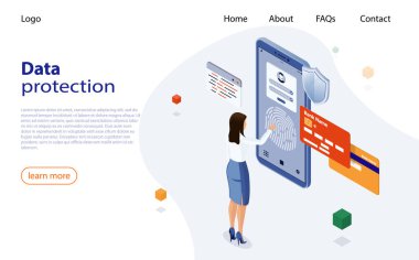 Kadınlı pankart, kredi kartları, akıllı telefon koruma verileri, gizlilik. Biyometrik erişim kontrol mobil bankası. Parmak izi tarama güvenlik sistemi konsepti. Gizli veri koruması