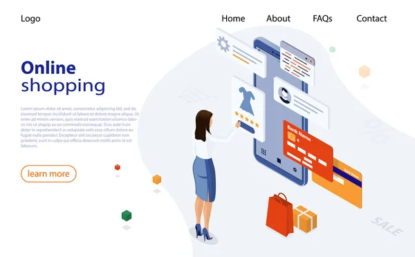 Vrouw winkelend vanaf smartphone in online winkel. Online winkelen Website op smartphone. Gemakkelijk E-commerce Website Shop via Smartphone. Concept van online winkelen, mobiele marketing en e-commerce — Stockvector