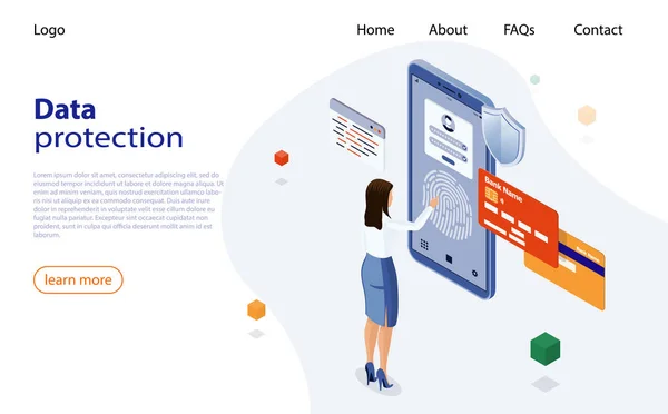 Banner nőkkel, hitelkártyákkal, okostelefonnal, adatvédelemmel, titoktartással. Biometrikus beléptető mobilbank telefonon keresztül. Ujjlenyomat átvilágítás biztonsági rendszer koncepció. Bizalmas adatvédelem — Stock Vector