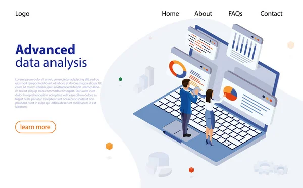 Designkonzept für die Datenanalyse. Prozessmanagement für Business Data Analytics. Analysten arbeiten, führen die Datenverarbeitung durch, ein Laptop mit Diagrammen und Diagrammen, der Mann und die Frau im Business-Anzug. — Stockvektor