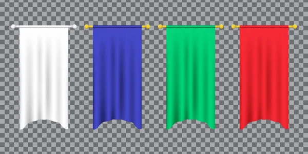 Gerçekçi boş bir flamanın 3 boyutlu modeli, renk kolayca değişir. 3D gerçekçi tekstil bayrağı. Direkte kraliyet bayrağı ve kraliyet flamaları asılı. Asılı gerçekçi takım flamaları, branda bayrakları. — Stok Vektör