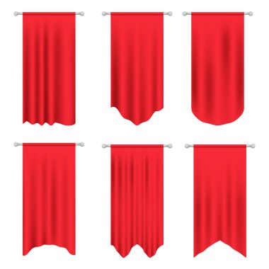Kırmızı uzun spor reklam flamaları pankart örnekleri. Pennant bayrağı vektör belirledi. Gerçekçi boş bir flamanın 3 boyutlu modeli, renk kolayca değişir. 3D gerçekçi tekstil bayrağı