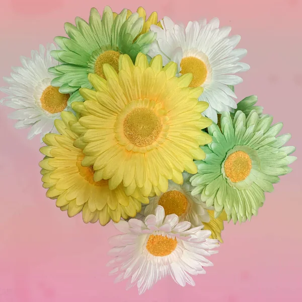Stoff Geblüht Neonfarben Mit Rosa Hintergrund Mit Kopierraum Grüne Gelbe — Stockfoto