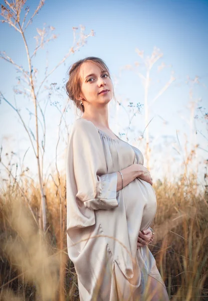 석양 빛에 임신한 여자의 초상화 — 스톡 사진