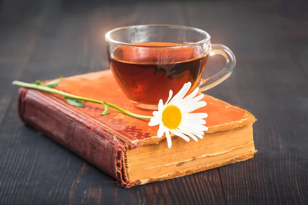 Xícara de chá, camomila e um livro na mesa — Fotografia de Stock