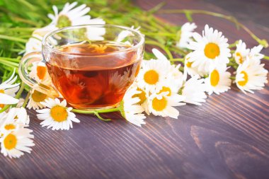 Şeffaf bir bardak papatya çayı. Bitkisel Tıp kavramı.