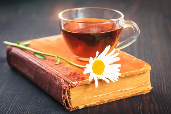 Herbatę, rumianek i książkę na stole — Zdjęcie stockowe