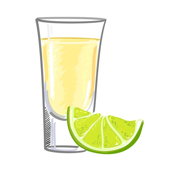 Tequila con una fetta di calce isolata su fondo bianco . — Vettoriale Stock