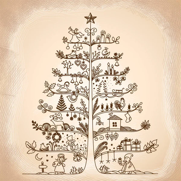 Schattig vectorillustratie van een kerstboom in retro stijl. — Stockvector