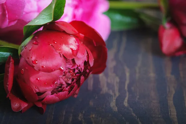 Peonie rosse e rosa su un tavolo di legno. Bellissimo sfondo floreale . — Foto Stock