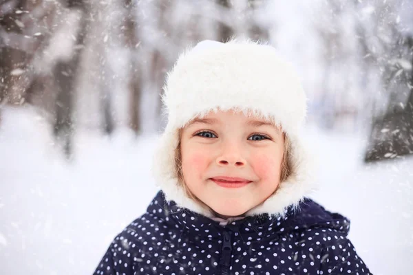 Portrait of a cute little girl in snowy weather. — Stock Photo, Image